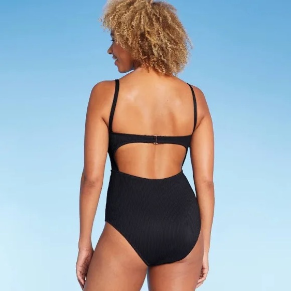 Shade & Shore Ribbed Tunnel tie front Cut Out One piece swimsuit Black Size M - Picture 2 of 7